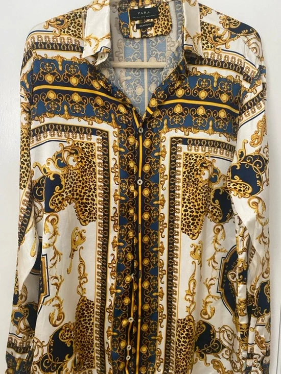 Zara Satin Print Button-Up Shirt – Baroque Pattern Long Sleeve - Picture 4 of 11